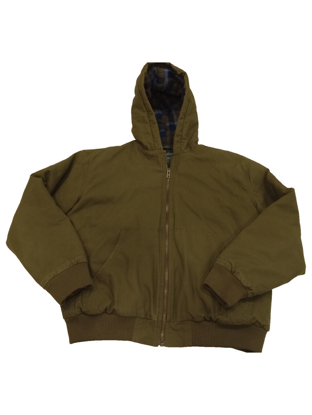 Woolrich Hooded Canvas Jacket Mens Large Olive Green Plaid Flannel Lined Work